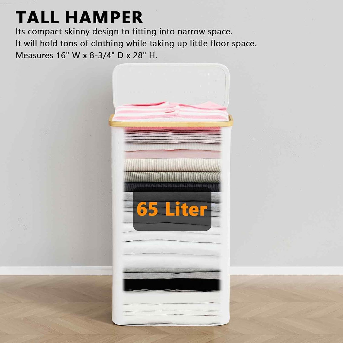 Double Laundry Hamper 2 Section with Lid and Removable Laundry Bags, 160L Clothes Basket with Bamboo Handles, Large Collapsible Hamper for Bedroom, Bathroom, Dorm, Laundry Room - White