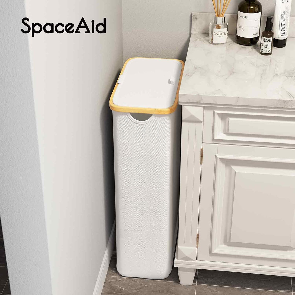 Double Laundry Hamper 2 Section with Lid and Removable Laundry Bags, 160L Clothes Basket with Bamboo Handles, Large Collapsible Hamper for Bedroom, Bathroom, Dorm, Laundry Room - White