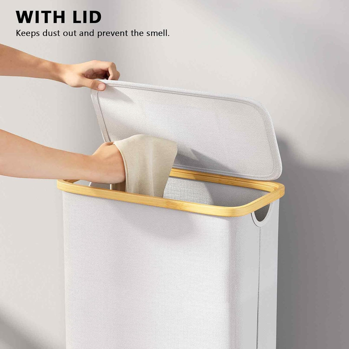 Double Laundry Hamper 2 Section with Lid and Removable Laundry Bags, 160L Clothes Basket with Bamboo Handles, Large Collapsible Hamper for Bedroom, Bathroom, Dorm, Laundry Room - White