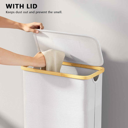 Double Laundry Hamper 2 Section with Lid and Removable Laundry Bags, 160L Clothes Basket with Bamboo Handles, Large Collapsible Hamper for Bedroom, Bathroom, Dorm, Laundry Room - White
