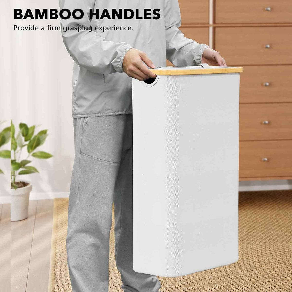 Double Laundry Hamper 2 Section with Lid and Removable Laundry Bags, 160L Clothes Basket with Bamboo Handles, Large Collapsible Hamper for Bedroom, Bathroom, Dorm, Laundry Room - White