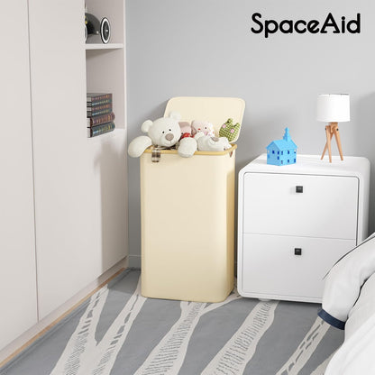 Double Laundry Hamper 2 Section with Lid and Removable Laundry Bags, 160L Clothes Basket with Bamboo Handles, Large Collapsible Hamper for Bedroom, Bathroom, Dorm, Laundry Room - White