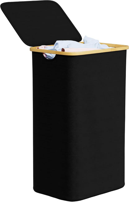 Double Laundry Hamper 2 Section with Lid and Removable Laundry Bags, 160L Clothes Basket with Bamboo Handles, Large Collapsible Hamper for Bedroom, Bathroom, Dorm, Laundry Room - White