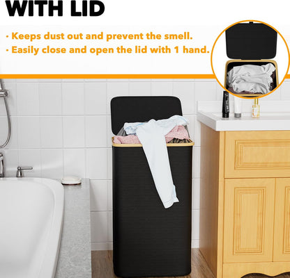 Double Laundry Hamper 2 Section with Lid and Removable Laundry Bags, 160L Clothes Basket with Bamboo Handles, Large Collapsible Hamper for Bedroom, Bathroom, Dorm, Laundry Room - White