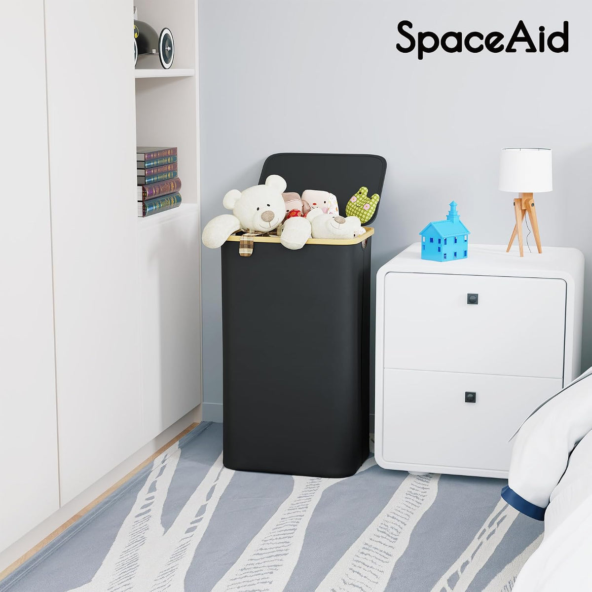Double Laundry Hamper 2 Section with Lid and Removable Laundry Bags, 160L Clothes Basket with Bamboo Handles, Large Collapsible Hamper for Bedroom, Bathroom, Dorm, Laundry Room - White