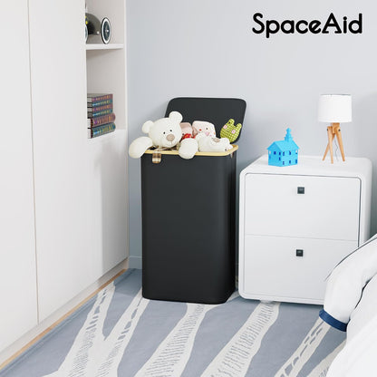 Double Laundry Hamper 2 Section with Lid and Removable Laundry Bags, 160L Clothes Basket with Bamboo Handles, Large Collapsible Hamper for Bedroom, Bathroom, Dorm, Laundry Room - White