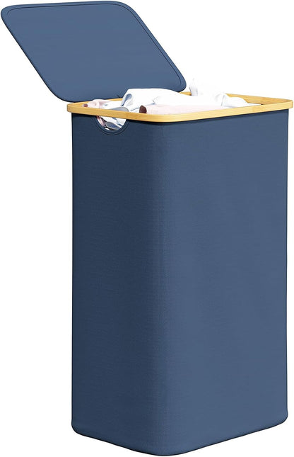 Double Laundry Hamper 2 Section with Lid and Removable Laundry Bags, 160L Clothes Basket with Bamboo Handles, Large Collapsible Hamper for Bedroom, Bathroom, Dorm, Laundry Room - White