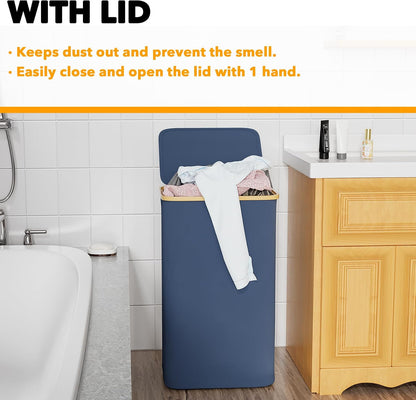 Double Laundry Hamper 2 Section with Lid and Removable Laundry Bags, 160L Clothes Basket with Bamboo Handles, Large Collapsible Hamper for Bedroom, Bathroom, Dorm, Laundry Room - White