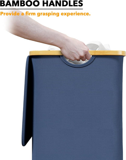 Double Laundry Hamper 2 Section with Lid and Removable Laundry Bags, 160L Clothes Basket with Bamboo Handles, Large Collapsible Hamper for Bedroom, Bathroom, Dorm, Laundry Room - White
