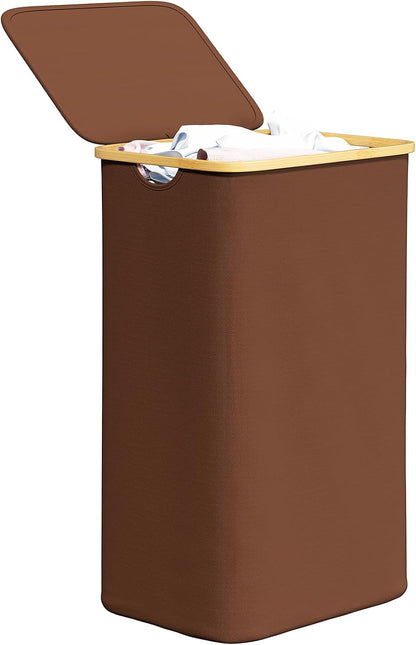 Double Laundry Hamper 2 Section with Lid and Removable Laundry Bags, 160L Clothes Basket with Bamboo Handles, Large Collapsible Hamper for Bedroom, Bathroom, Dorm, Laundry Room - White