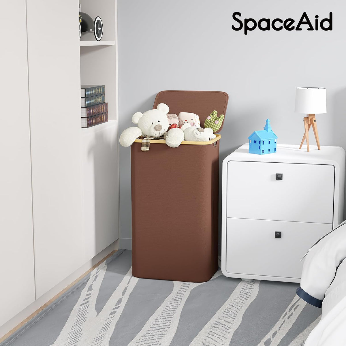 Double Laundry Hamper 2 Section with Lid and Removable Laundry Bags, 160L Clothes Basket with Bamboo Handles, Large Collapsible Hamper for Bedroom, Bathroom, Dorm, Laundry Room - White