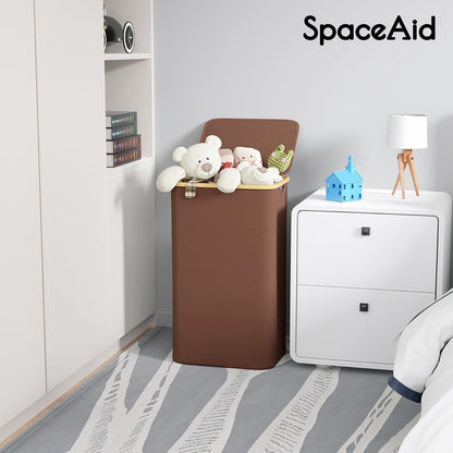 Double Laundry Hamper 2 Section with Lid and Removable Laundry Bags, 160L Clothes Basket with Bamboo Handles, Large Collapsible Hamper for Bedroom, Bathroom, Dorm, Laundry Room - White
