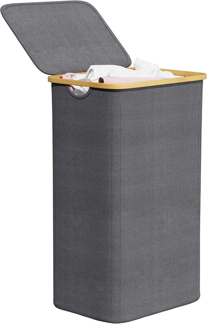 Double Laundry Hamper 2 Section with Lid and Removable Laundry Bags, 160L Clothes Basket with Bamboo Handles, Large Collapsible Hamper for Bedroom, Bathroom, Dorm, Laundry Room - White