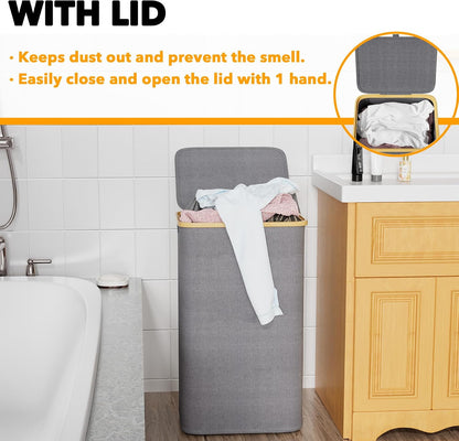 Double Laundry Hamper 2 Section with Lid and Removable Laundry Bags, 160L Clothes Basket with Bamboo Handles, Large Collapsible Hamper for Bedroom, Bathroom, Dorm, Laundry Room - White