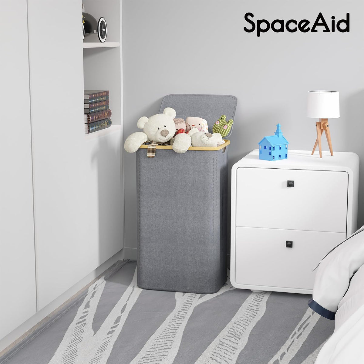 Double Laundry Hamper 2 Section with Lid and Removable Laundry Bags, 160L Clothes Basket with Bamboo Handles, Large Collapsible Hamper for Bedroom, Bathroom, Dorm, Laundry Room - White