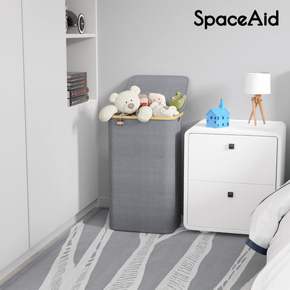 Double Laundry Hamper 2 Section with Lid and Removable Laundry Bags, 160L Clothes Basket with Bamboo Handles, Large Collapsible Hamper for Bedroom, Bathroom, Dorm, Laundry Room - White