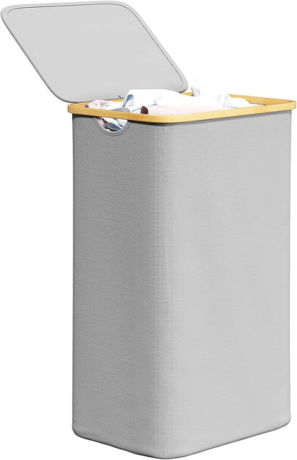 Double Laundry Hamper 2 Section with Lid and Removable Laundry Bags, 160L Clothes Basket with Bamboo Handles, Large Collapsible Hamper for Bedroom, Bathroom, Dorm, Laundry Room - White