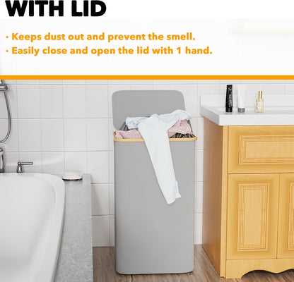 Double Laundry Hamper 2 Section with Lid and Removable Laundry Bags, 160L Clothes Basket with Bamboo Handles, Large Collapsible Hamper for Bedroom, Bathroom, Dorm, Laundry Room - White
