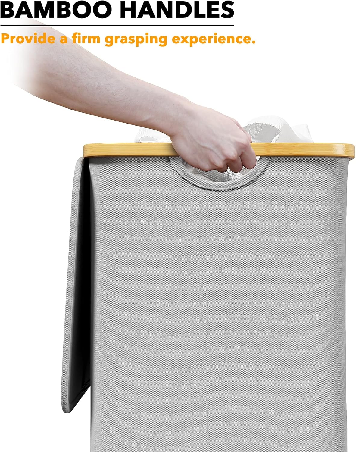Double Laundry Hamper 2 Section with Lid and Removable Laundry Bags, 160L Clothes Basket with Bamboo Handles, Large Collapsible Hamper for Bedroom, Bathroom, Dorm, Laundry Room - White