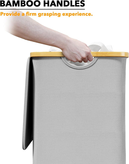 Double Laundry Hamper 2 Section with Lid and Removable Laundry Bags, 160L Clothes Basket with Bamboo Handles, Large Collapsible Hamper for Bedroom, Bathroom, Dorm, Laundry Room - White