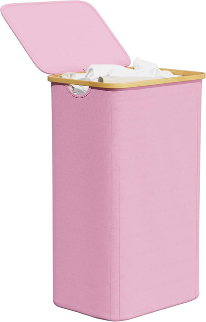 Double Laundry Hamper 2 Section with Lid and Removable Laundry Bags, 160L Clothes Basket with Bamboo Handles, Large Collapsible Hamper for Bedroom, Bathroom, Dorm, Laundry Room - White
