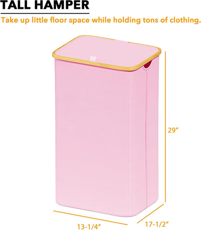 Double Laundry Hamper 2 Section with Lid and Removable Laundry Bags, 160L Clothes Basket with Bamboo Handles, Large Collapsible Hamper for Bedroom, Bathroom, Dorm, Laundry Room - White