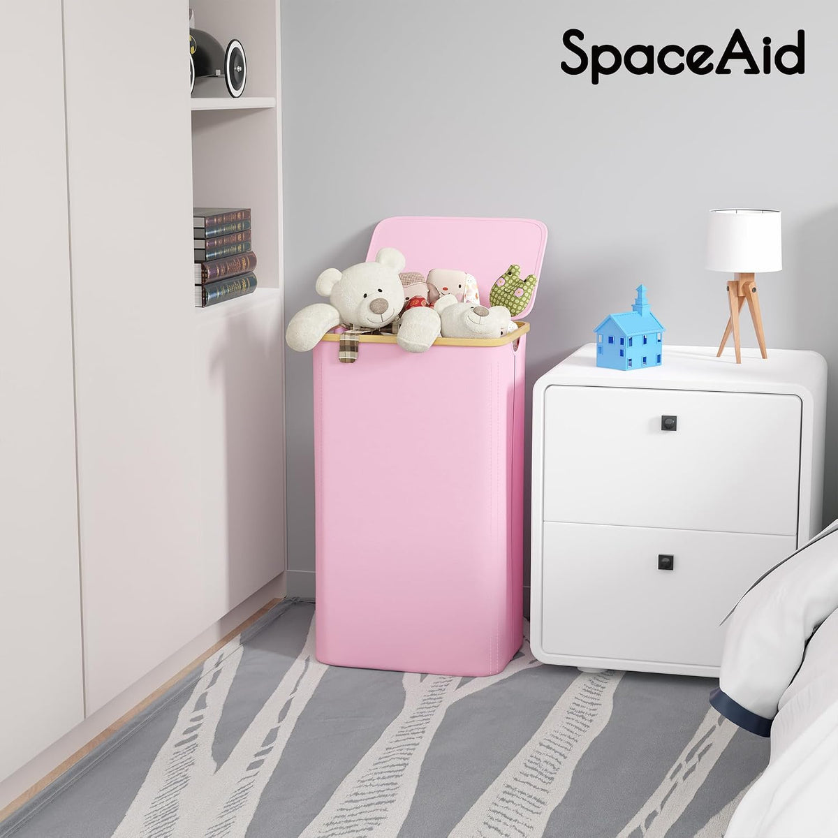 Double Laundry Hamper 2 Section with Lid and Removable Laundry Bags, 160L Clothes Basket with Bamboo Handles, Large Collapsible Hamper for Bedroom, Bathroom, Dorm, Laundry Room - White