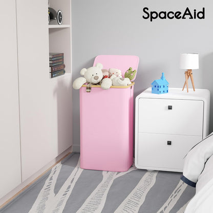 Double Laundry Hamper 2 Section with Lid and Removable Laundry Bags, 160L Clothes Basket with Bamboo Handles, Large Collapsible Hamper for Bedroom, Bathroom, Dorm, Laundry Room - White