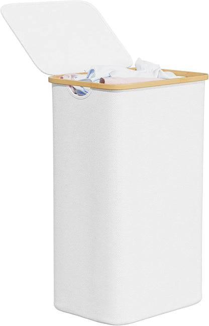 Double Laundry Hamper 2 Section with Lid and Removable Laundry Bags, 160L Clothes Basket with Bamboo Handles, Large Collapsible Hamper for Bedroom, Bathroom, Dorm, Laundry Room - White