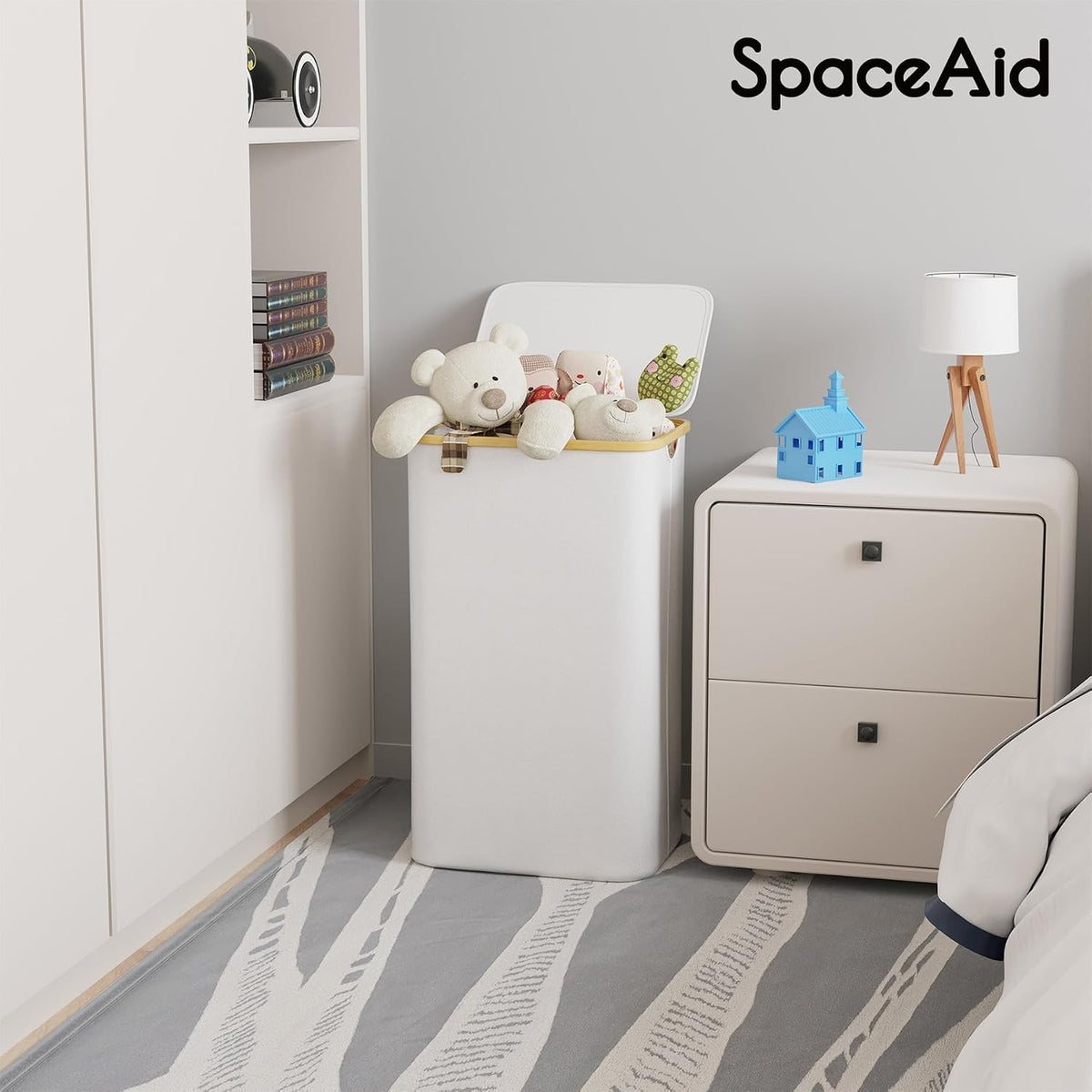 Double Laundry Hamper 2 Section with Lid and Removable Laundry Bags, 160L Clothes Basket with Bamboo Handles, Large Collapsible Hamper for Bedroom, Bathroom, Dorm, Laundry Room - White
