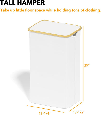 Double Laundry Hamper 2 Section with Lid and Removable Laundry Bags, 160L Clothes Basket with Bamboo Handles, Large Collapsible Hamper for Bedroom, Bathroom, Dorm, Laundry Room - White