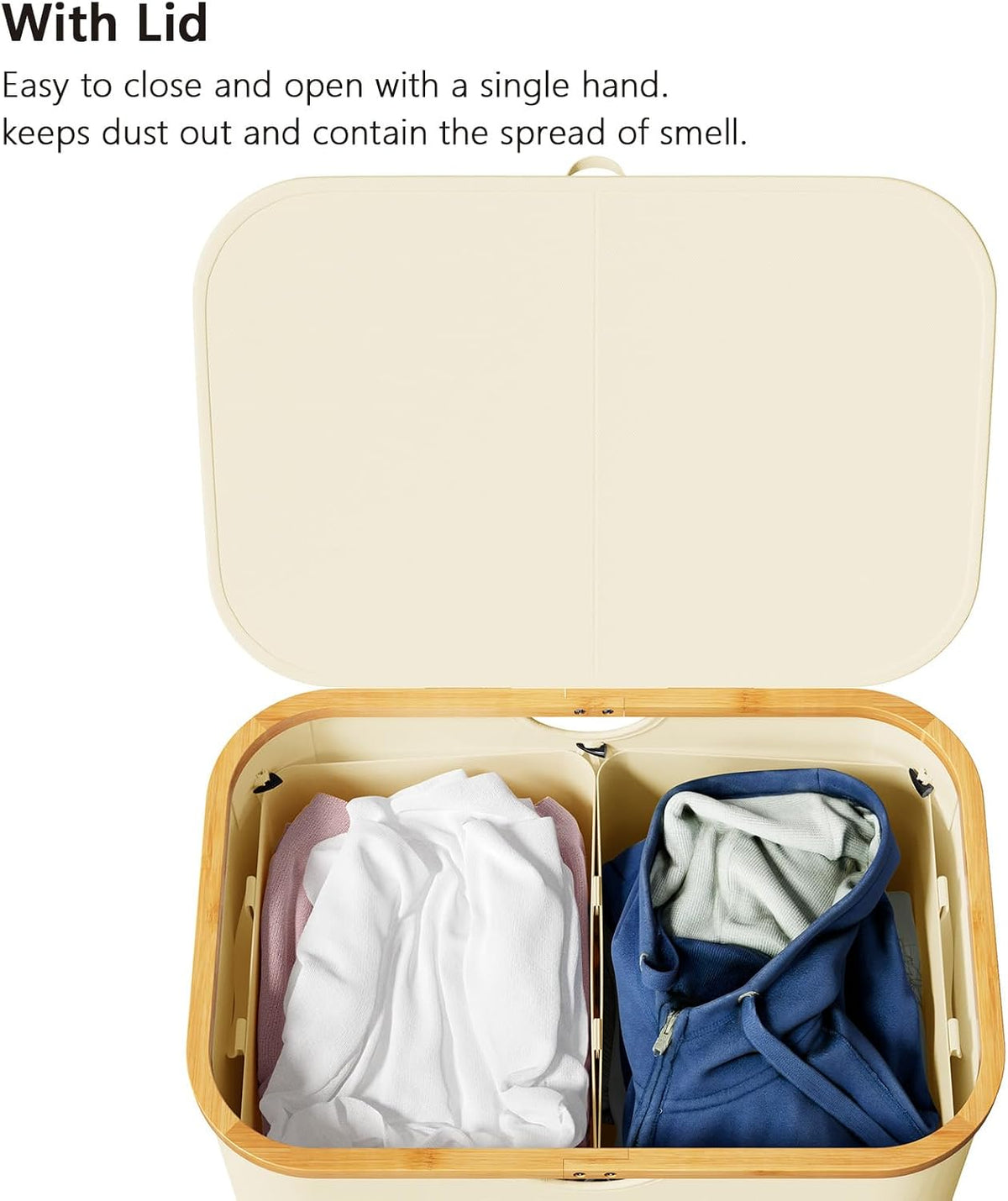 Double Laundry Hamper 2 Section with Lid and Removable Laundry Bags, 160L Clothes Basket with Bamboo Handles, Large Collapsible Hamper for Bedroom, Bathroom, Dorm, Laundry Room - White
