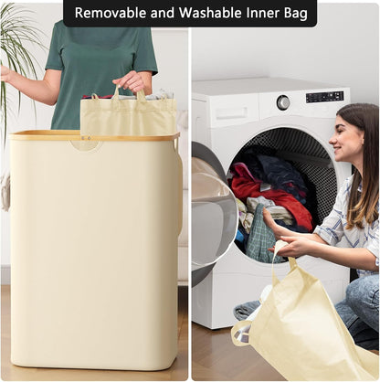 Double Laundry Hamper 2 Section with Lid and Removable Laundry Bags, 160L Clothes Basket with Bamboo Handles, Large Collapsible Hamper for Bedroom, Bathroom, Dorm, Laundry Room - White