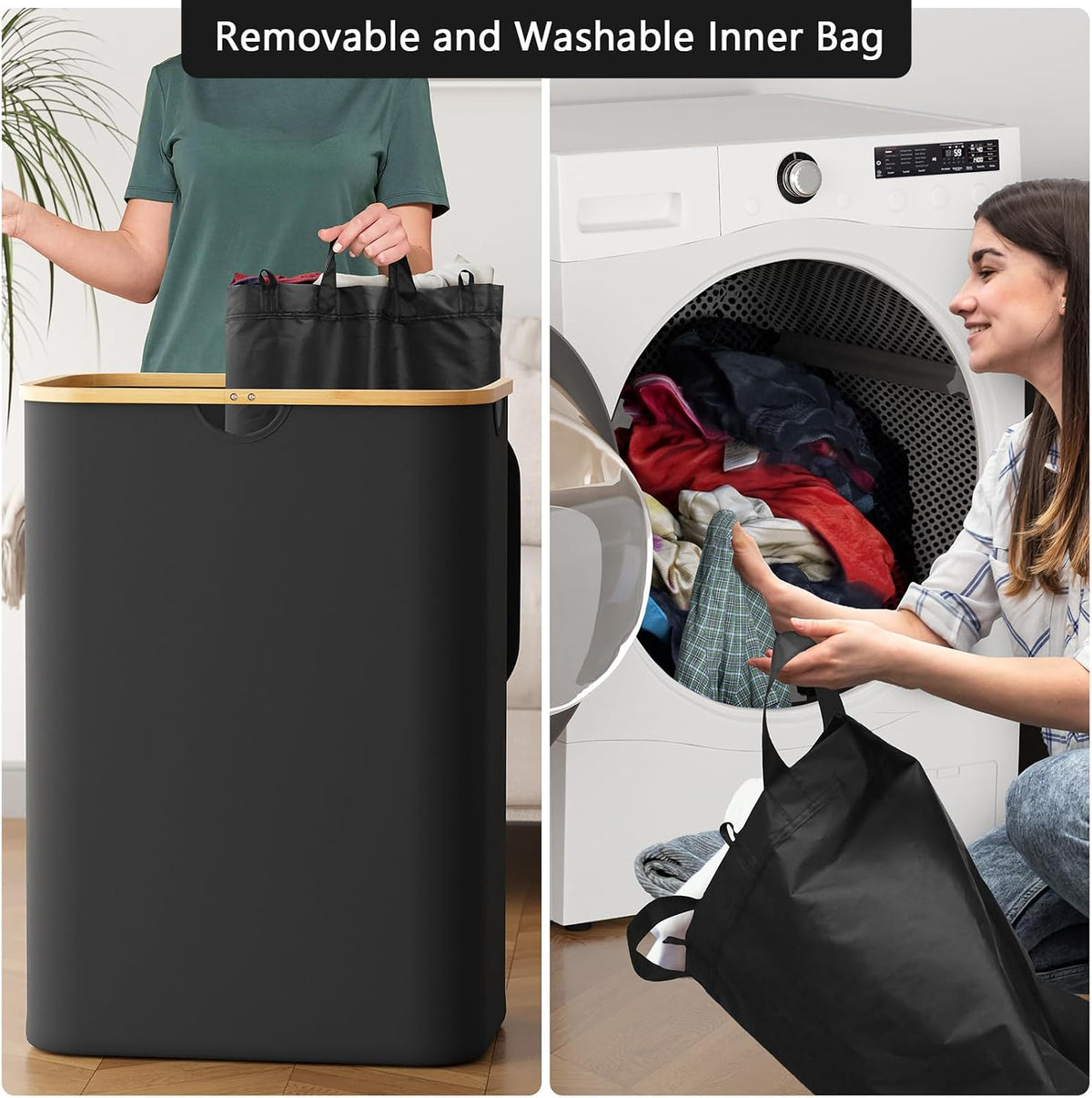 Double Laundry Hamper 2 Section with Lid and Removable Laundry Bags, 160L Clothes Basket with Bamboo Handles, Large Collapsible Hamper for Bedroom, Bathroom, Dorm, Laundry Room - White