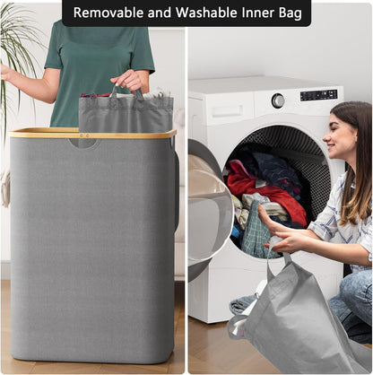 Double Laundry Hamper 2 Section with Lid and Removable Laundry Bags, 160L Clothes Basket with Bamboo Handles, Large Collapsible Hamper for Bedroom, Bathroom, Dorm, Laundry Room - White