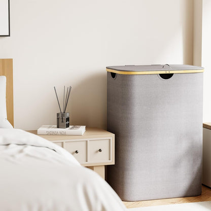 Double Laundry Hamper 2 Section with Lid and Removable Laundry Bags, 160L Clothes Basket with Bamboo Handles, Large Collapsible Hamper for Bedroom, Bathroom, Dorm, Laundry Room - White