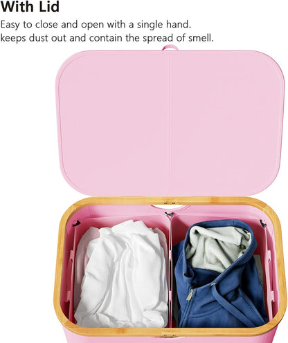 Double Laundry Hamper 2 Section with Lid and Removable Laundry Bags, 160L Clothes Basket with Bamboo Handles, Large Collapsible Hamper for Bedroom, Bathroom, Dorm, Laundry Room - White