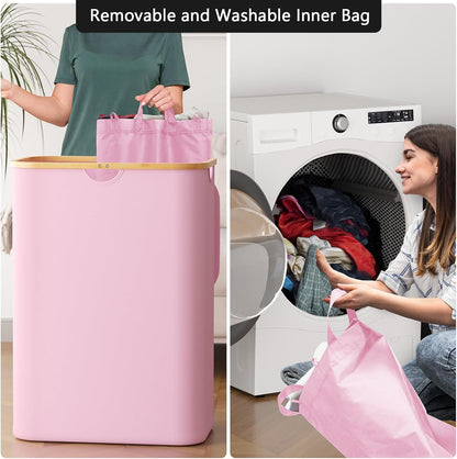 Double Laundry Hamper 2 Section with Lid and Removable Laundry Bags, 160L Clothes Basket with Bamboo Handles, Large Collapsible Hamper for Bedroom, Bathroom, Dorm, Laundry Room - White