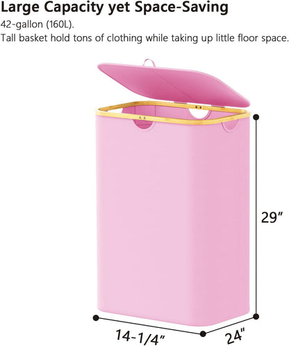 Double Laundry Hamper 2 Section with Lid and Removable Laundry Bags, 160L Clothes Basket with Bamboo Handles, Large Collapsible Hamper for Bedroom, Bathroom, Dorm, Laundry Room - White