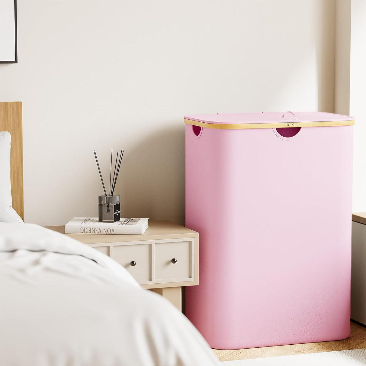 Double Laundry Hamper 2 Section with Lid and Removable Laundry Bags, 160L Clothes Basket with Bamboo Handles, Large Collapsible Hamper for Bedroom, Bathroom, Dorm, Laundry Room - White