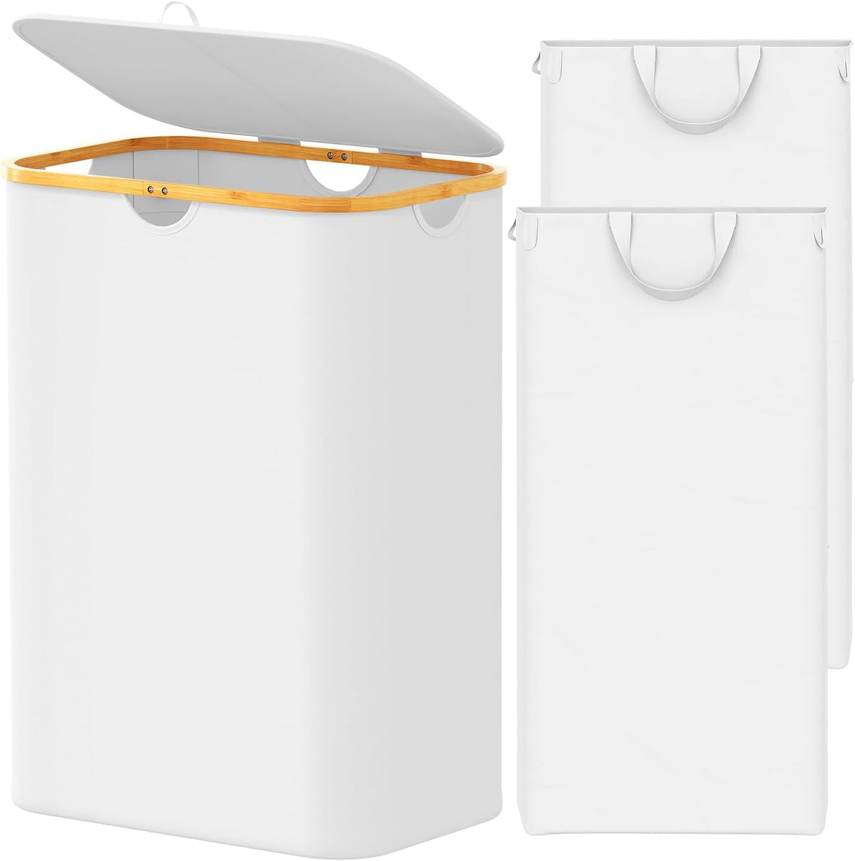 Double Laundry Hamper 2 Section with Lid and Removable Laundry Bags, 160L Clothes Basket with Bamboo Handles, Large Collapsible Hamper for Bedroom, Bathroom, Dorm, Laundry Room - White