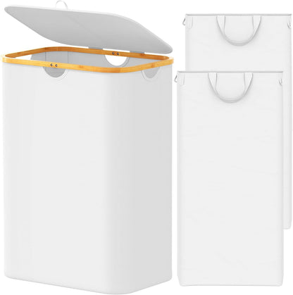 Double Laundry Hamper 2 Section with Lid and Removable Laundry Bags, 160L Clothes Basket with Bamboo Handles, Large Collapsible Hamper for Bedroom, Bathroom, Dorm, Laundry Room - White