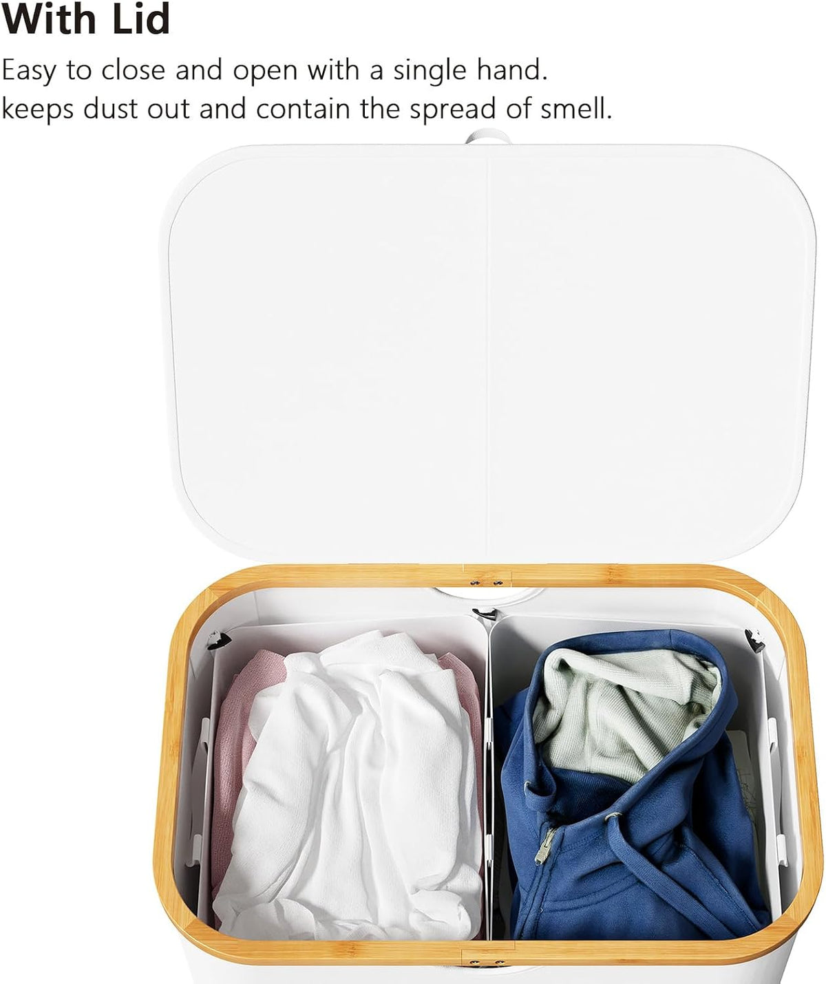 Double Laundry Hamper 2 Section with Lid and Removable Laundry Bags, 160L Clothes Basket with Bamboo Handles, Large Collapsible Hamper for Bedroom, Bathroom, Dorm, Laundry Room - White
