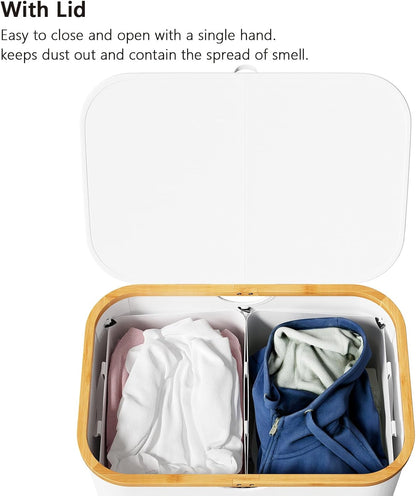 Double Laundry Hamper 2 Section with Lid and Removable Laundry Bags, 160L Clothes Basket with Bamboo Handles, Large Collapsible Hamper for Bedroom, Bathroom, Dorm, Laundry Room - White