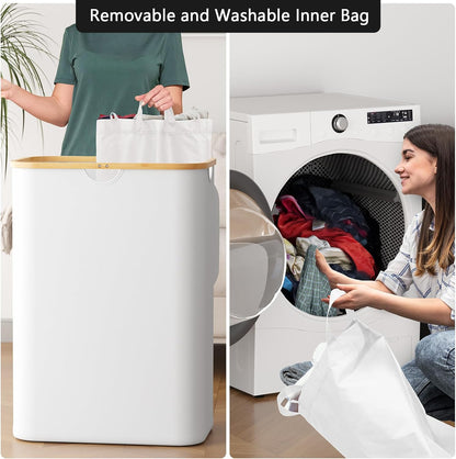 Double Laundry Hamper 2 Section with Lid and Removable Laundry Bags, 160L Clothes Basket with Bamboo Handles, Large Collapsible Hamper for Bedroom, Bathroom, Dorm, Laundry Room - White