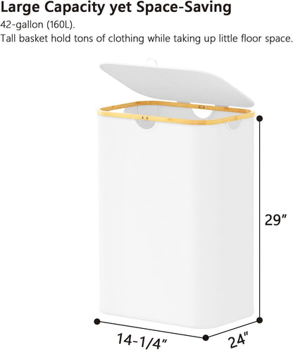 Double Laundry Hamper 2 Section with Lid and Removable Laundry Bags, 160L Clothes Basket with Bamboo Handles, Large Collapsible Hamper for Bedroom, Bathroom, Dorm, Laundry Room - White