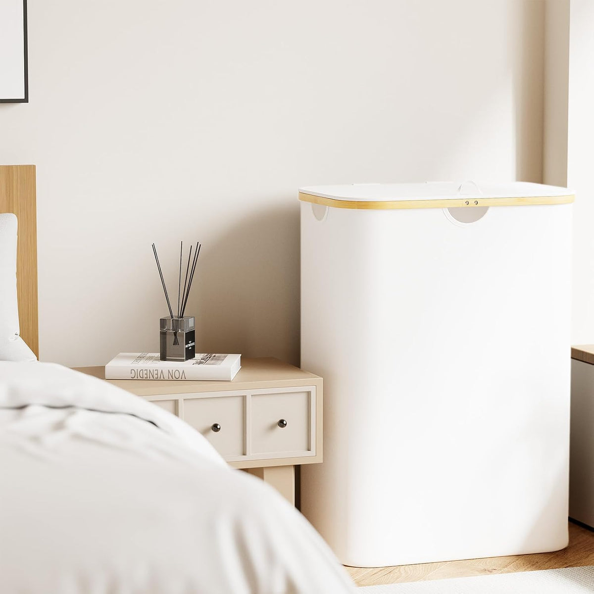 Double Laundry Hamper 2 Section with Lid and Removable Laundry Bags, 160L Clothes Basket with Bamboo Handles, Large Collapsible Hamper for Bedroom, Bathroom, Dorm, Laundry Room - White