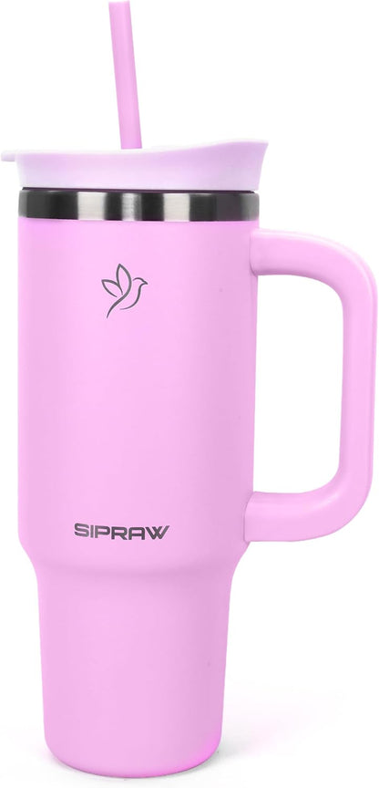 40oz Tumbler with Handle and Straw Insulated Stainless Steel Travel Mug Vacuum Double Wall Coffee Cup Leak Resistant Lid BPA-Free Cup Holder Friendly for Hot & Cold Drinks, Pink