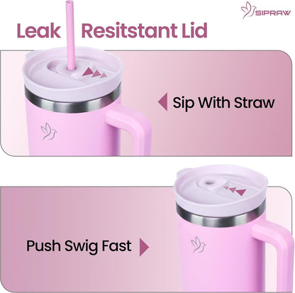 40oz Tumbler with Handle and Straw Insulated Stainless Steel Travel Mug Vacuum Double Wall Coffee Cup Leak Resistant Lid BPA-Free Cup Holder Friendly for Hot & Cold Drinks, Pink
