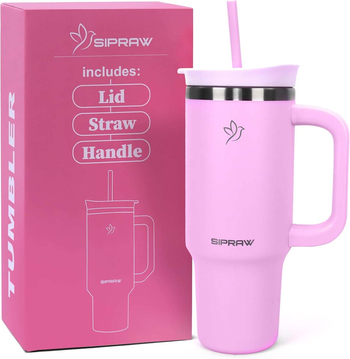 40oz Tumbler with Handle and Straw Insulated Stainless Steel Travel Mug Vacuum Double Wall Coffee Cup Leak Resistant Lid BPA-Free Cup Holder Friendly for Hot & Cold Drinks, Pink